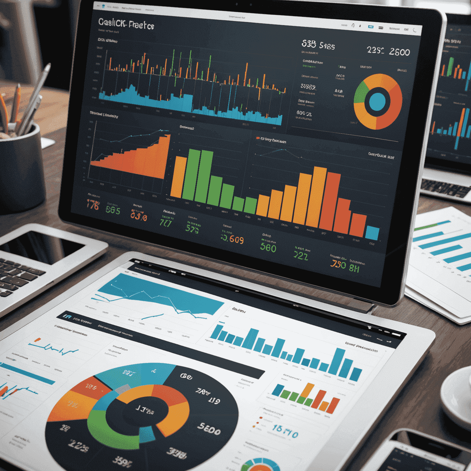 A sophisticated financial dashboard interface showing various charts, graphs, and KPIs for a Fortune 500 company. The dashboard displays real-time data visualization of financial metrics, stock performance, and market trends.