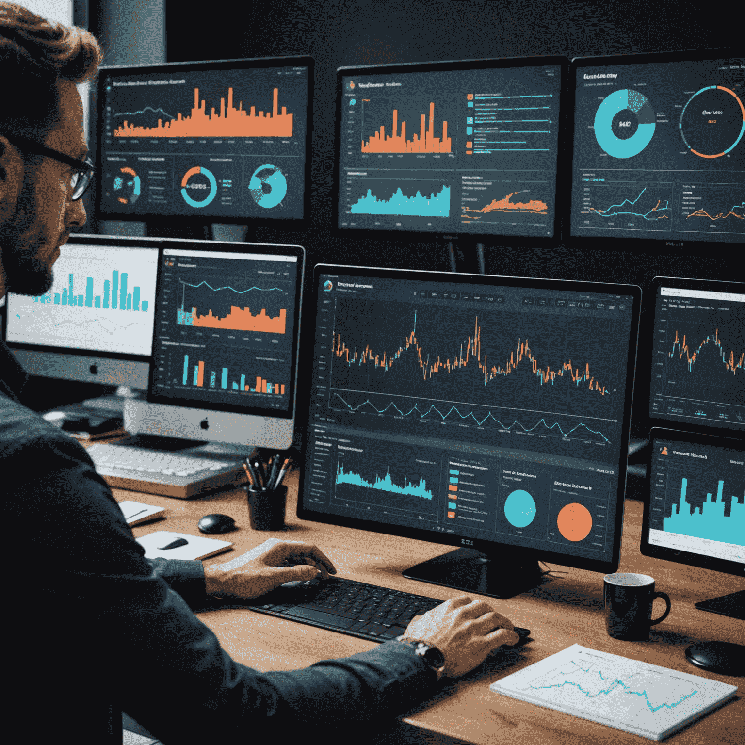 A professional designer working on a data visualization interface, showcasing various charts and graphs on multiple screens. The image emphasizes the importance of user experience in presenting complex data.