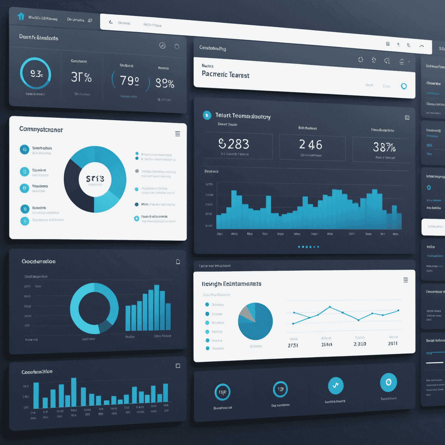 A sleek and modern custom dashboard interface showcasing various data visualization elements such as charts, graphs, and KPI indicators. The dashboard has a clean layout with a dark blue and white color scheme, demonstrating intuitive design and effective data presentation.