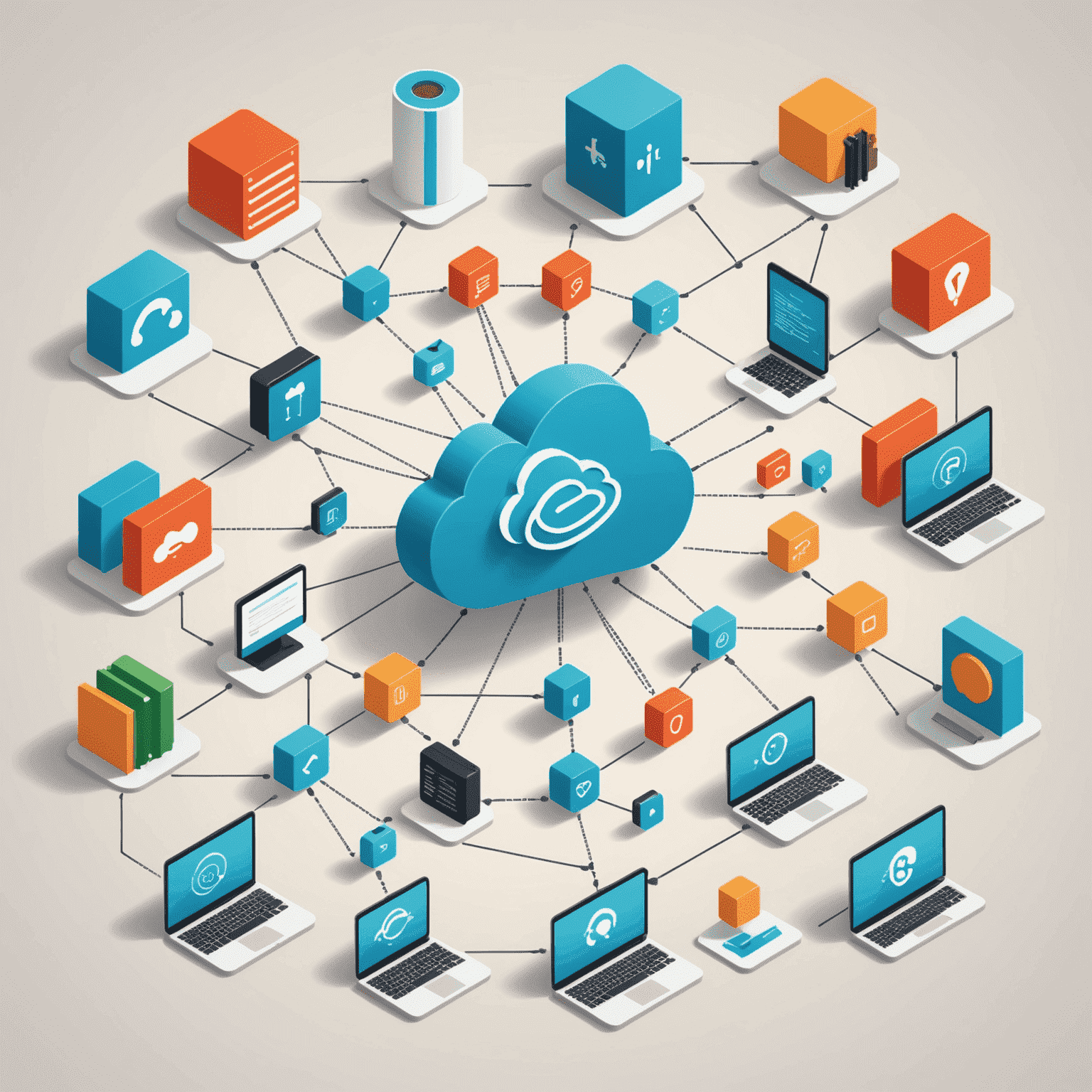 Illustration of various data sources connected through integration pipelines, showcasing databases, cloud services, and file types