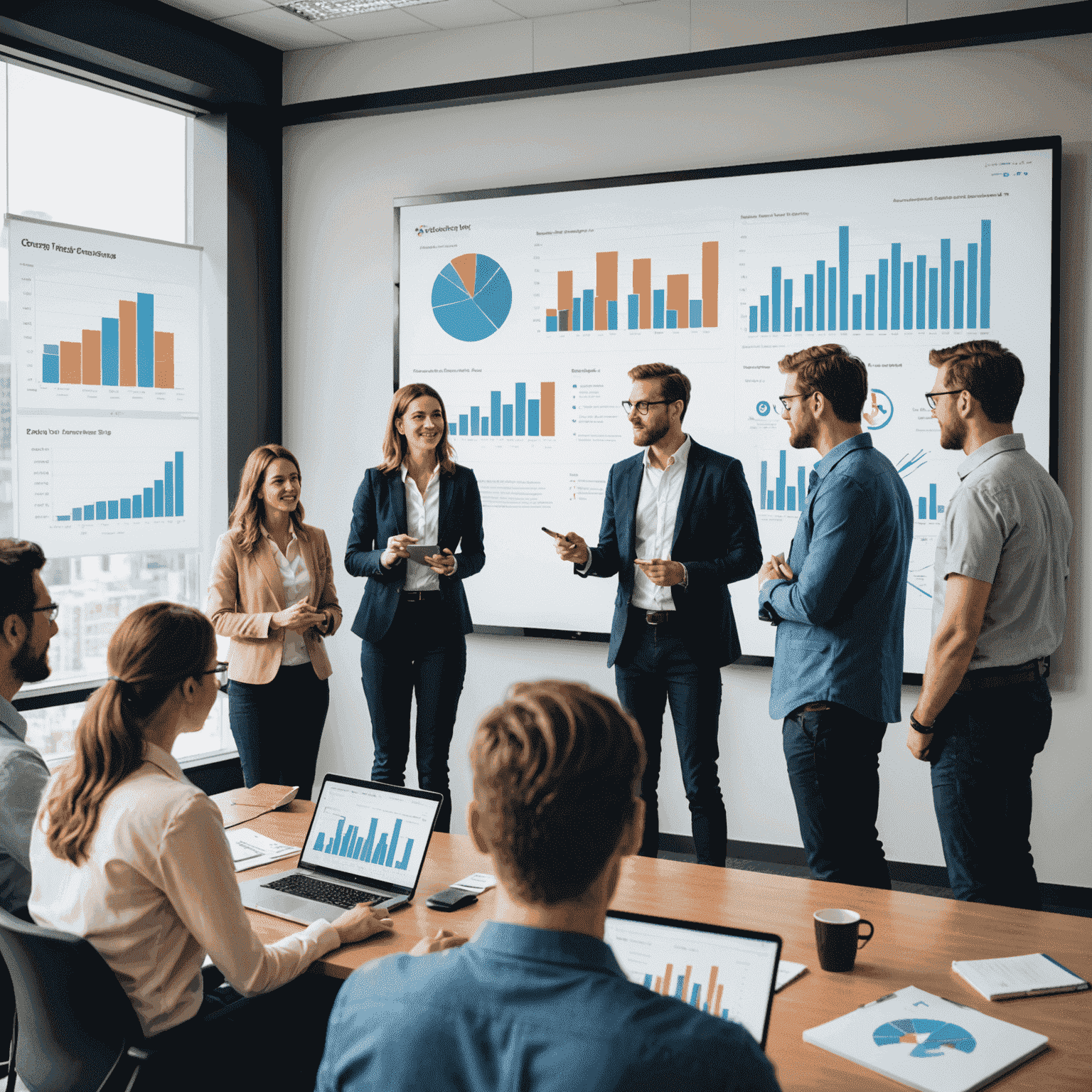 A group of professionals engaged in a data visualization training session, with a presenter explaining charts and graphs on a large screen