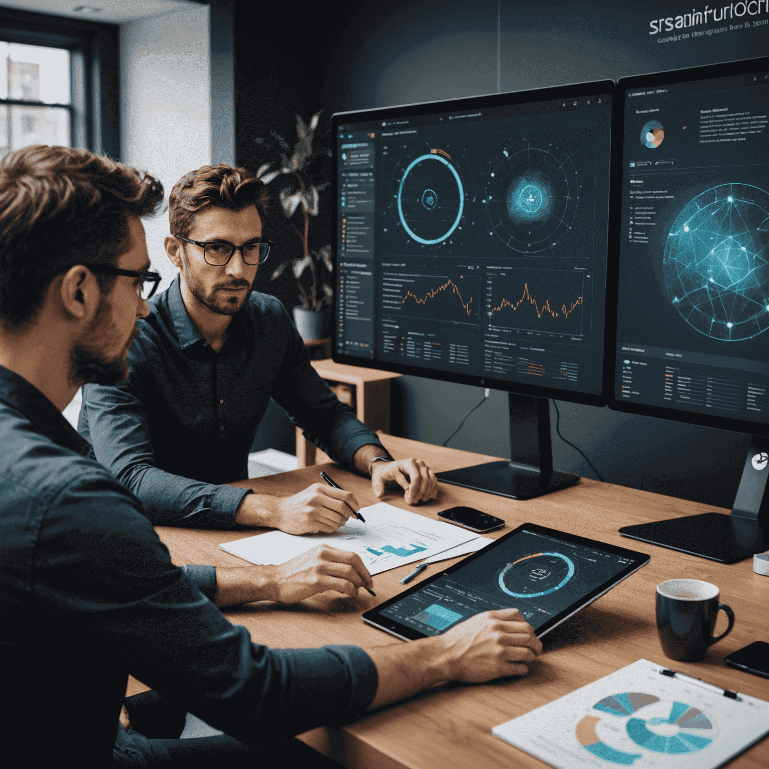 A team of FirstLedger developers and designers collaborating on a large touchscreen, working on a custom data visualization project. The image showcases the collaborative and tailored approach to web design development.