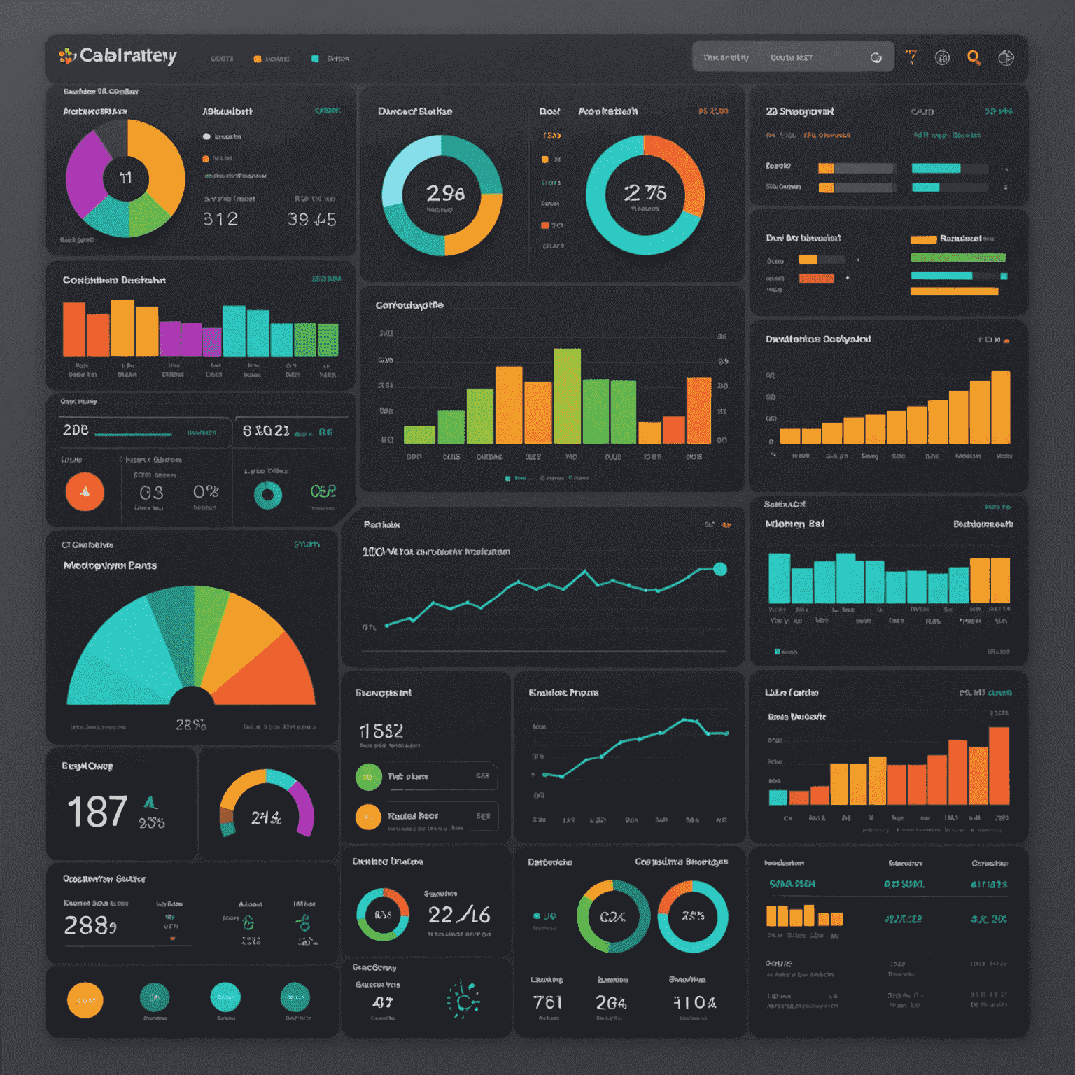 A collection of various dashboard components and widgets, including line charts, bar graphs, pie charts, and KPI cards. The image showcases the versatility and customization options available in our dashboard designs.