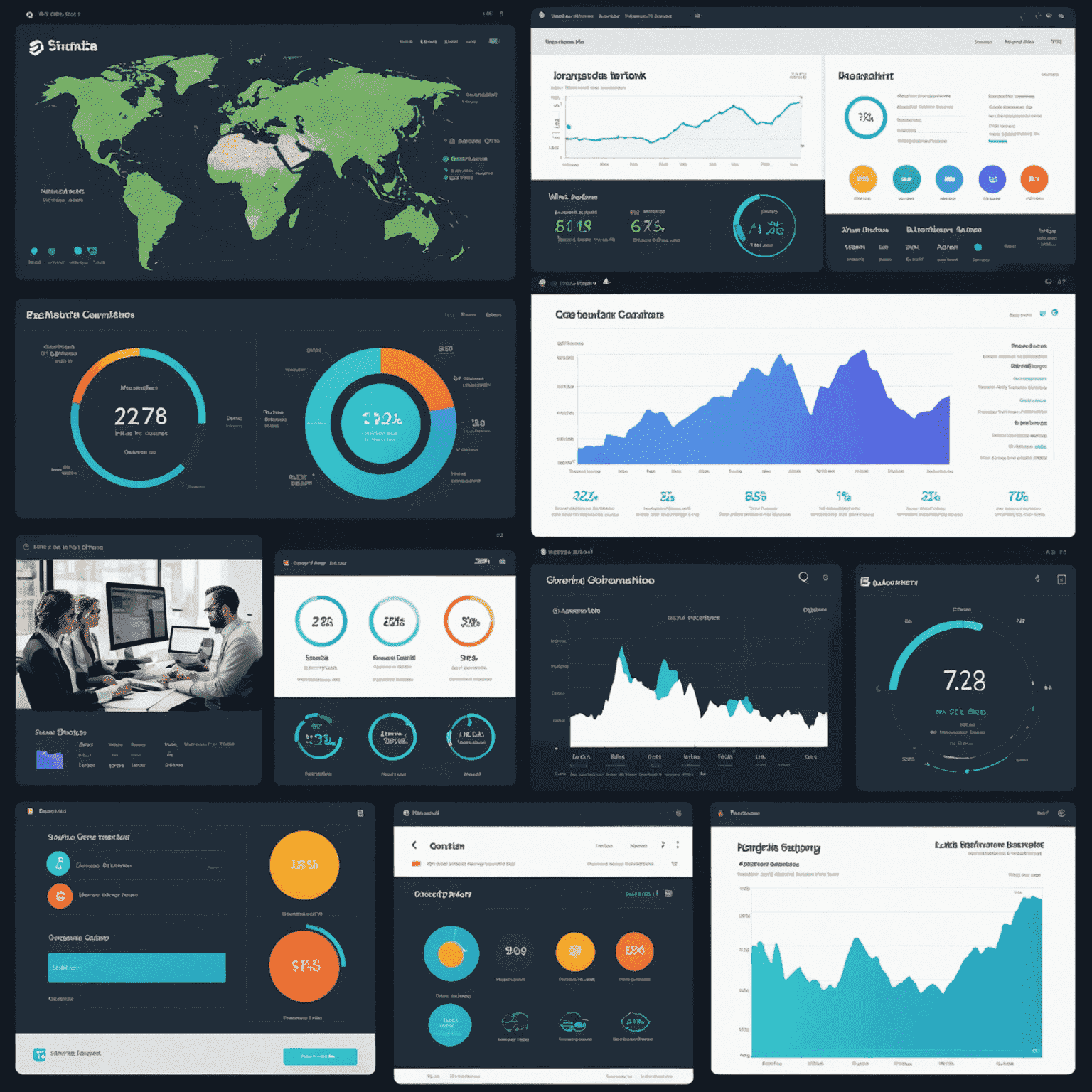 A collage showcasing various web application interfaces developed by FirstLedger, featuring data dashboards, interactive charts, and user-friendly controls. The images highlight the diversity of industries served, including finance, healthcare, and e-commerce, all unified by a clean, modern design aesthetic.