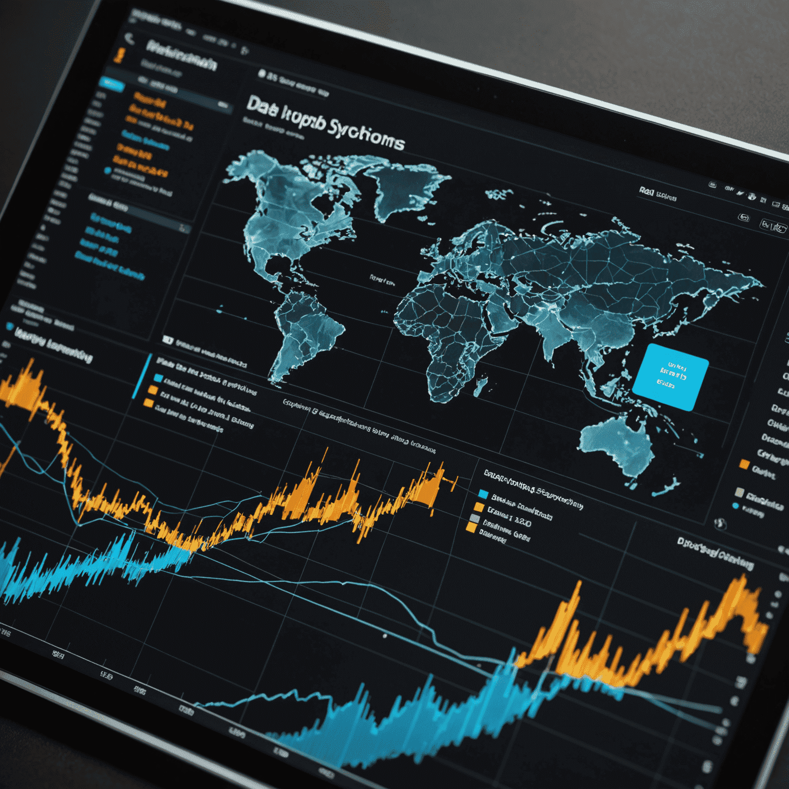 Dynamic visualization of real-time data synchronization, showing flowing data streams and updating charts