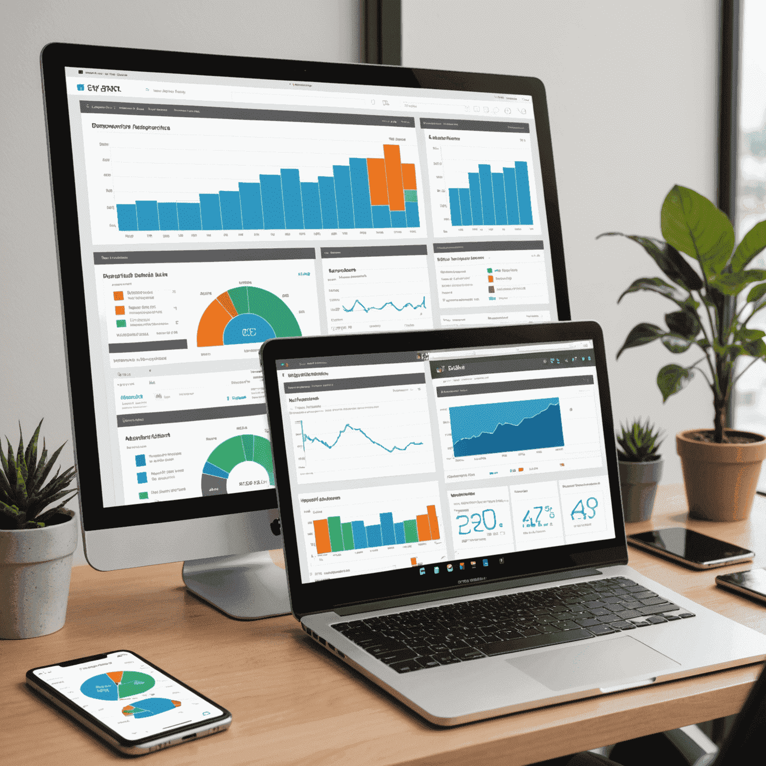 A responsive data dashboard displayed on multiple devices (desktop, tablet, and smartphone). The dashboard shows various KPIs, charts, and graphs, highlighting FirstLedger's capability in creating versatile data visualization solutions.