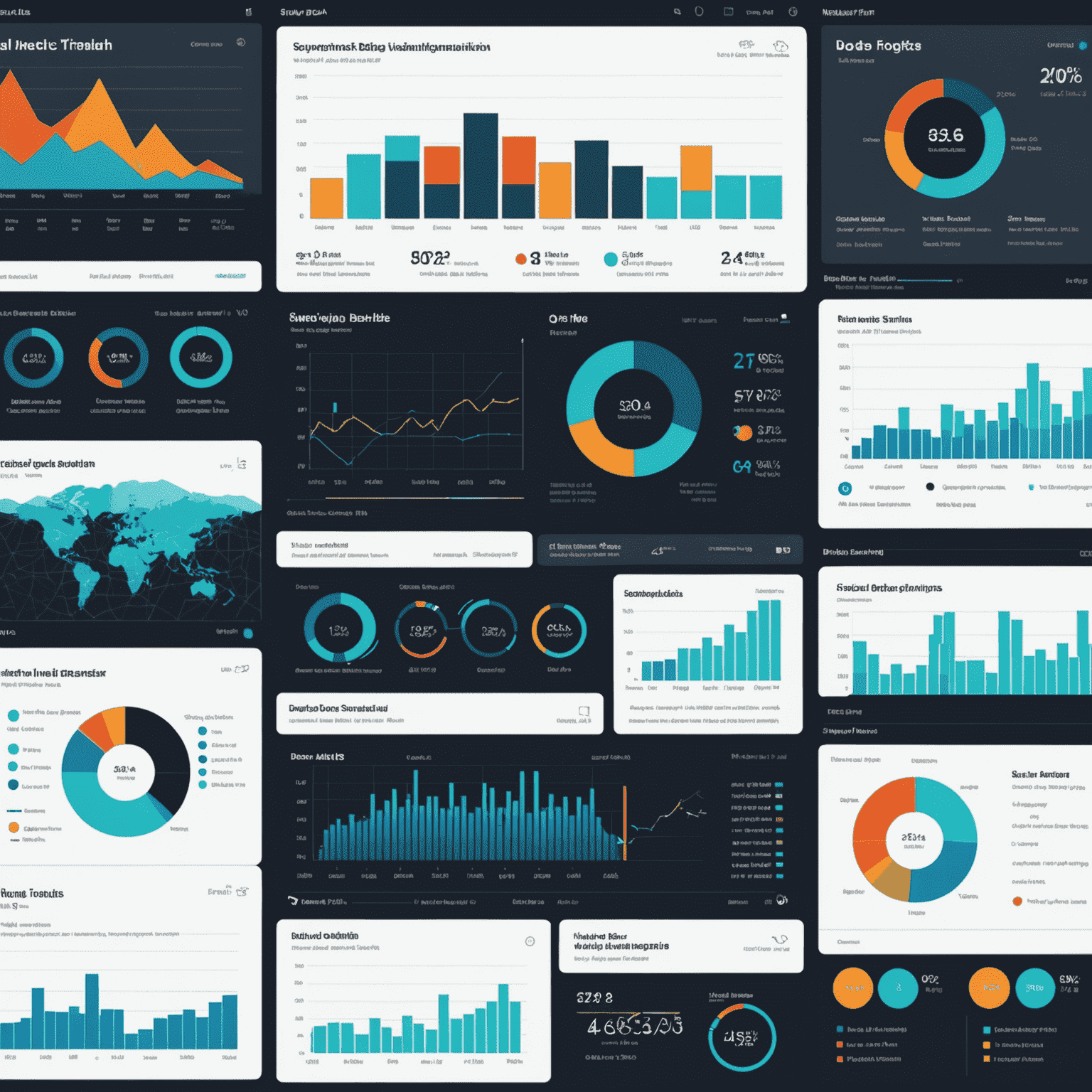 Various data visualization charts and graphs showing trends for 2024, including interactive 3D charts, AI-driven dashboards, and real-time data streams