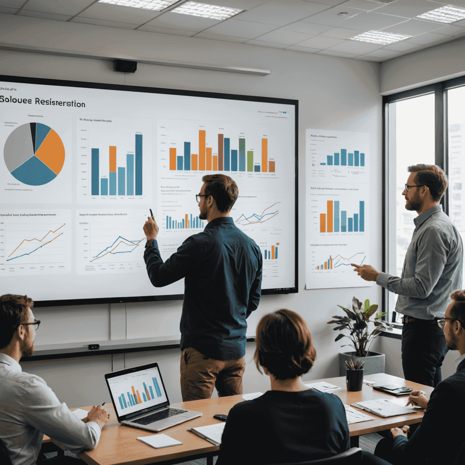 A group of professionals engaged in a data visualization workshop, with a presenter explaining techniques on a large screen displaying various chart types and best practices