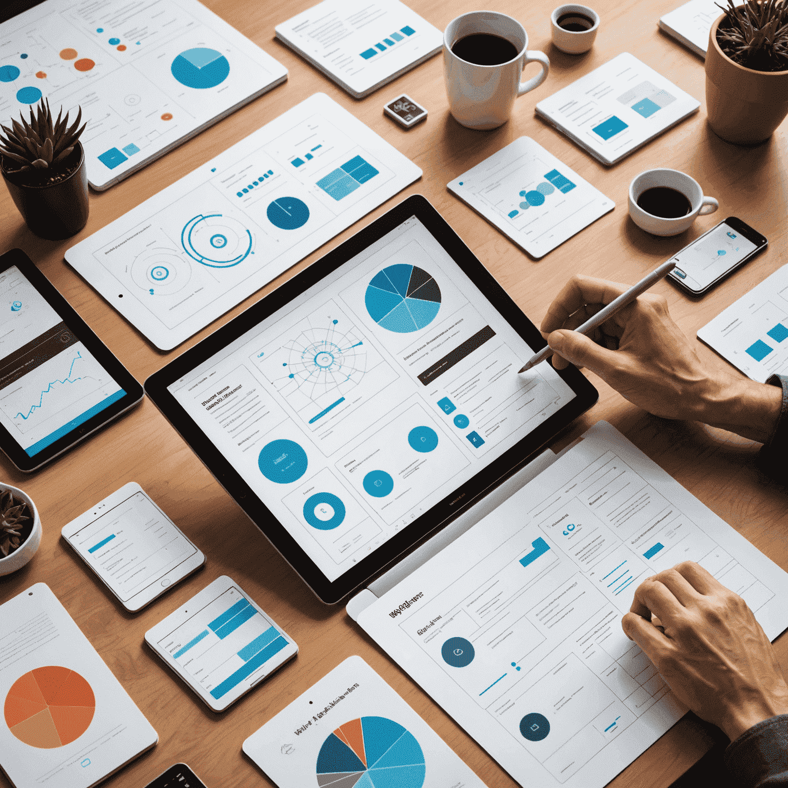 Collage showing various UX design elements such as wireframes, user flow diagrams, and interactive prototypes of data visualization interfaces